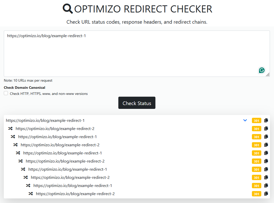 REDIRECT LOOP EXAMPLE FROM OPTIMIZO REDIRECT CHECKER